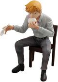 An anime figure of a seated man with orange hair, wearing a light gray shirt, purple collar detail, and dark gray trousers, holding a white bowl and spoon against a plain white background.