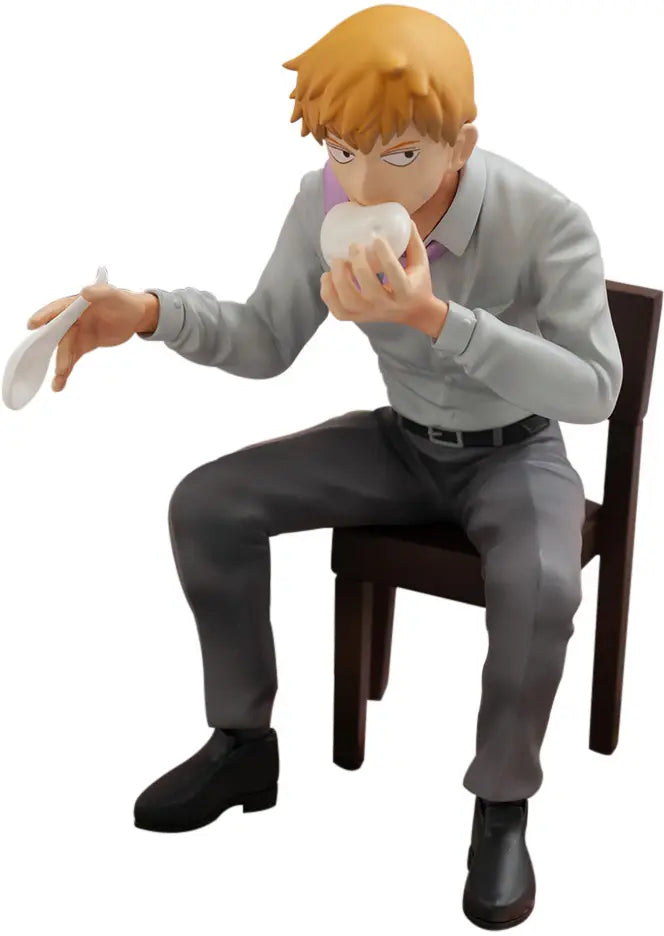 An anime figure of a seated man with orange hair, wearing a light gray shirt, purple collar detail, and dark gray trousers, holding a white bowl and spoon against a plain white background.
