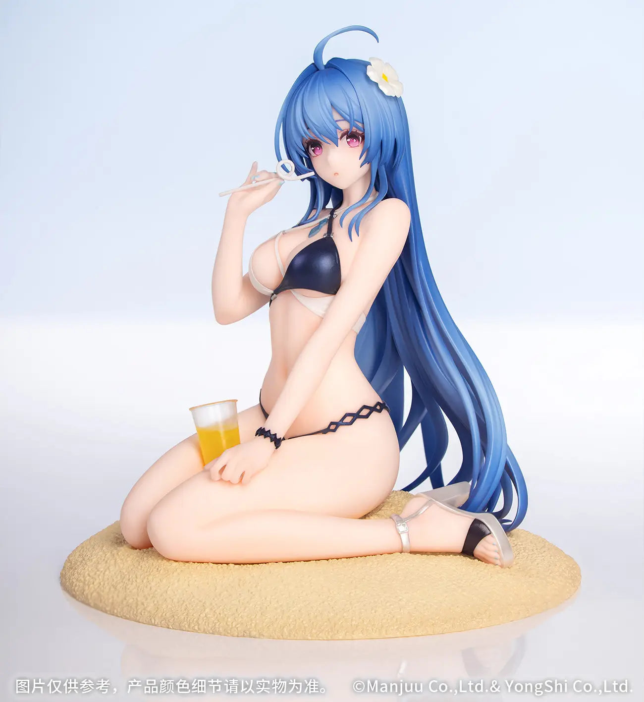 Anime character figurine in a bikini sitting on sand with a drink, against a plain background.