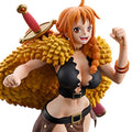 Figurine of an animated character with orange hair and a yellow garment on a white background