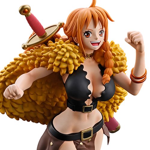 Figurine of an animated character with orange hair and a yellow garment on a white background