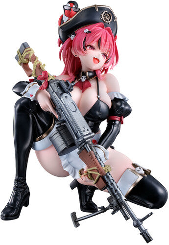 Figure of a character with pink hair and black outfit holding a gun on a white background