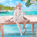 A detailed anime figurine of a girl with long peach-blonde hair sitting on a wooden dock over turquoise water. She is wearing a white open-front shirt and white shorts.
