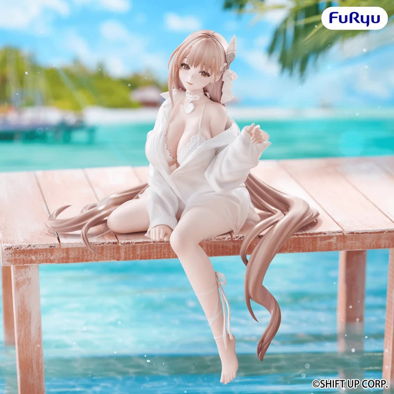 A detailed anime figurine of a girl with long peach-blonde hair sitting on a wooden dock over turquoise water. She is wearing a white open-front shirt and white shorts.