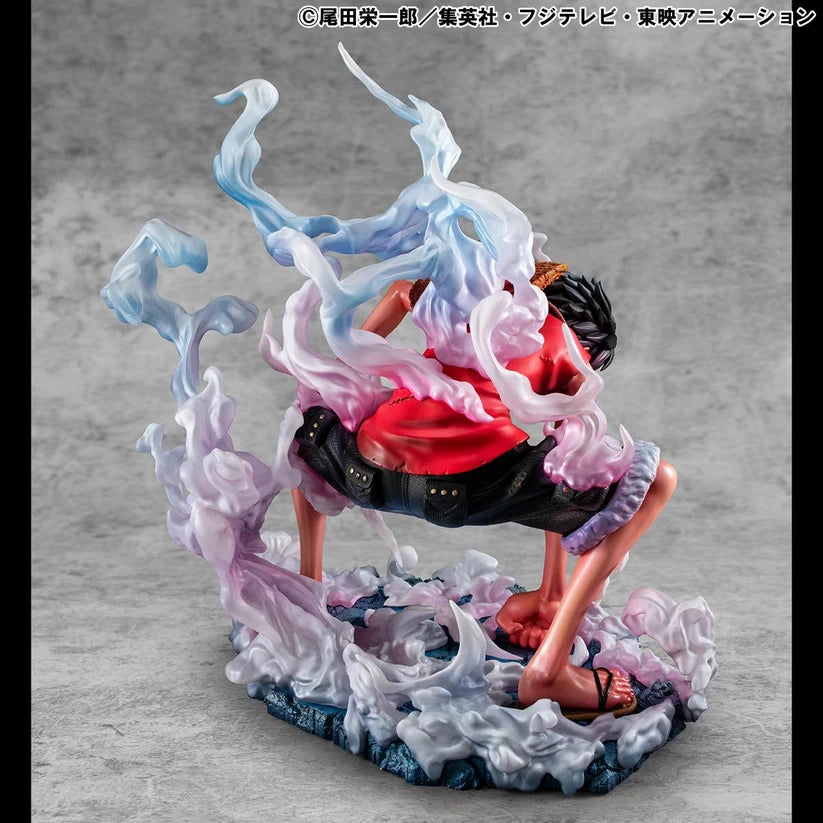 Figurine of a character with dynamic pose and colorful energy effects on a gray background