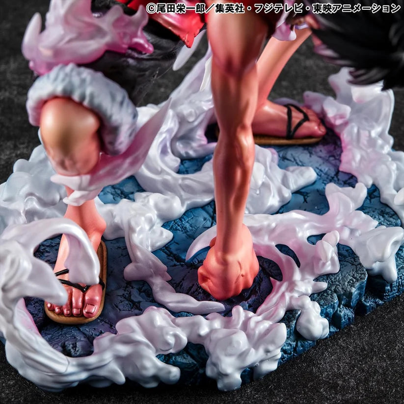 Close-up of a character from an anime with pink hair and sandals on a textured surface.