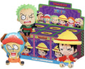 A display box and several Whackoos! Plush Series One Pocket Monsters figures featuring characters from One Piece, including Luffy and Sanji, shown on a white background.
