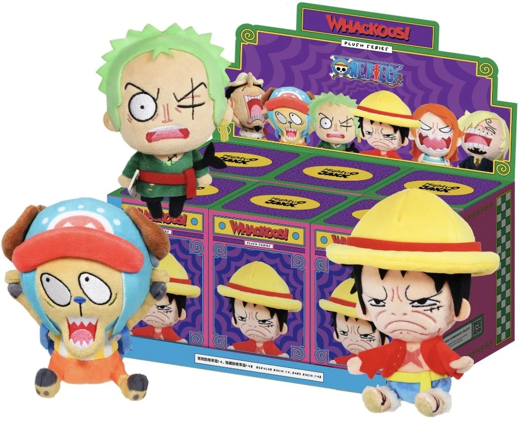 A display box and several Whackoos! Plush Series One Pocket Monsters figures featuring characters from One Piece, including Luffy and Sanji, shown on a white background.