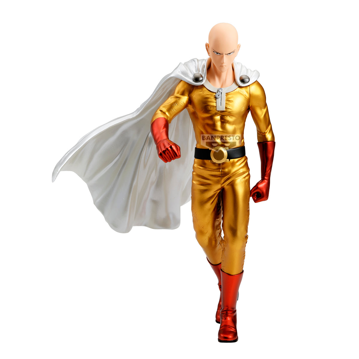 Superhero action figure in gold and red costume with white cape on white background