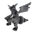 A plush toy of the Pokémon Zekrom in a dynamic flying pose, featuring dark gray and black fabric with a small blue tip on its beak and glowing red eyes, set against a plain white background.