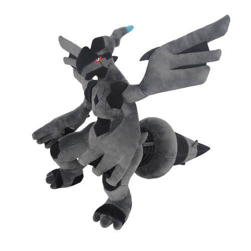 A plush toy of the Pokémon Zekrom in a dynamic flying pose, featuring dark gray and black fabric with a small blue tip on its beak and glowing red eyes, set against a plain white background.