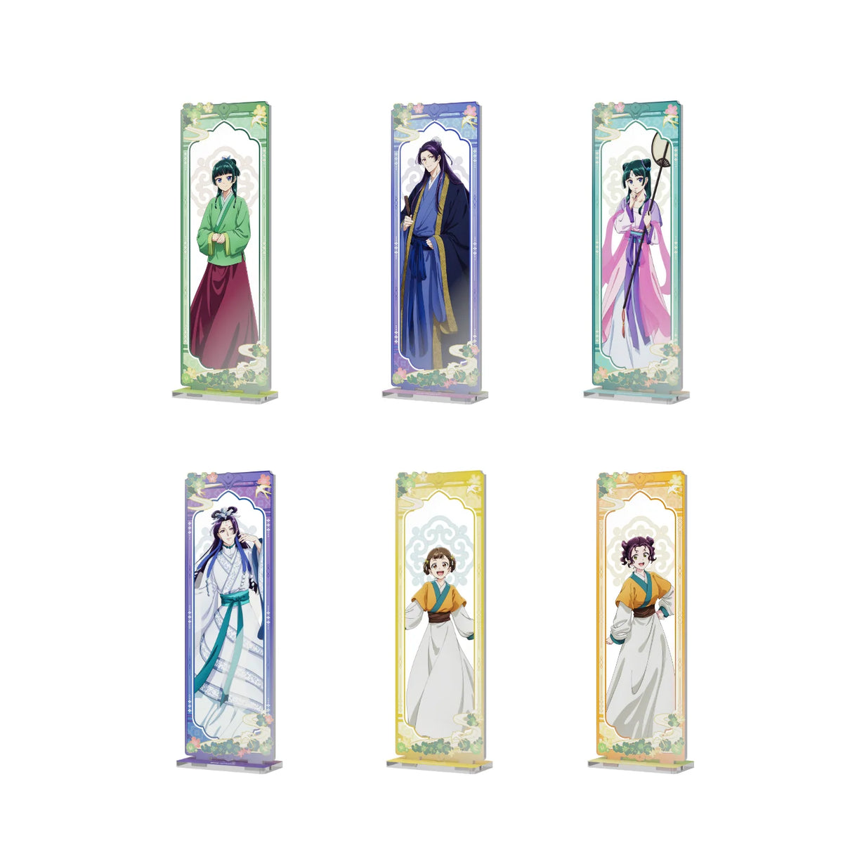 Six acrylic standees featuring anime-style female characters in traditional Chinese-inspired clothing, arranged in two rows of three on a plain white background.