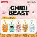 Promotional display graphic for the Puremind Jujutsu Kaisen Chibi Beast Full Series Display, featuring five plush keychain characters in orange, teal, pink, tan, and blue cat-themed outfits against a pink background.