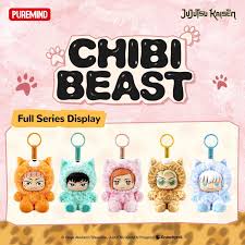 Promotional display graphic for the Puremind Jujutsu Kaisen Chibi Beast Full Series Display, featuring five plush keychain characters in orange, teal, pink, tan, and blue cat-themed outfits against a pink background.