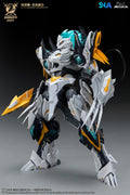 A highly detailed mecha robot figure in a dynamic pose, featuring a white and gray body with black and yellow accents, teal eyes, and a black tail. The image includes branding logos for SNA and Knights of the Zodiac on a dark studio background.