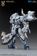 Mechanical figure with blue and gray armor on a dark background