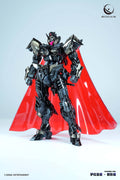 A highly detailed EDOAS Shadow Vail mecha action figure, featuring a black and gray metallic body with a prominent glossy red cape, posed against a clean light gray studio background.