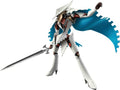 Animated character with a sword and blue cape on a white background