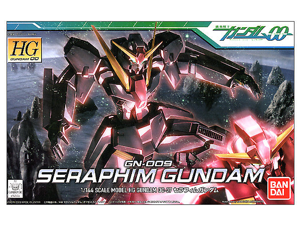 Bandai HG Gundam  Seraphim Gundam 1/144 scale model kit box art, featuring the mecha in a snowy forest with a pink glow, with the Bandai logo in the bottom right corner.