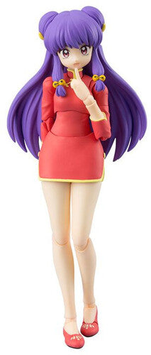 Figure of a character with long purple hair and a red outfit on a white background