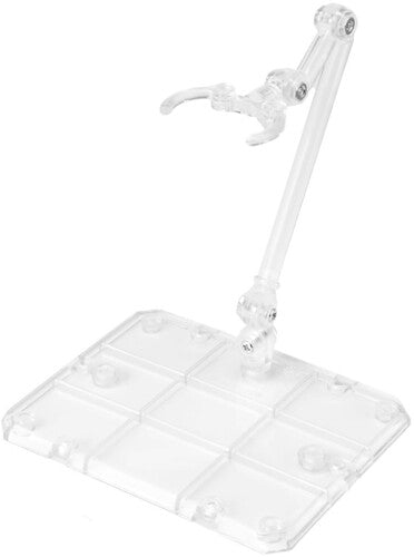 Clear plastic stand with a square base and curved arm on a white background