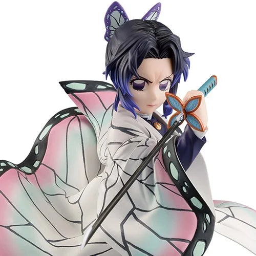 A detailed anime figurine of a character with dark purple hair, butterfly ears, and a white and black butterfly-themed outfit, holding a katana with blue and orange accents against a plain white background.