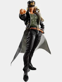 A JoJo's Bizarre Adventure action figure of Jotaro Kuzo in a dynamic pose, wearing his signature black coat, green shirt, and black pants, set against a plain light gray background.