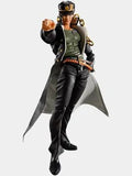 A JoJo's Bizarre Adventure action figure of Jotaro Kuzo in a dynamic pose, wearing his signature black coat, green shirt, and black pants, set against a plain light gray background.