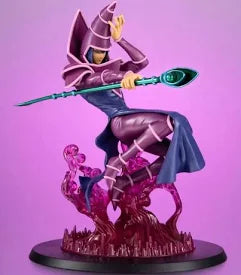 The Dark Magician from Yu-Gi-Oh! is brought to life in a pre-painted figure, capturing his classic design with detailed armor, flowing loincloths, and a metallic staff. Display him in a dynamic pose with a magical dust-effect base, part of the MONSTERS CHRONICLE series.