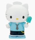 Hello Kitty character figurine wearing a light blue shirt, dark blue tie and shorts, holding a turquoise popsicle, on a white background.