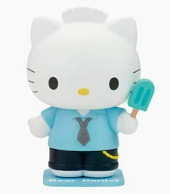 Hello Kitty character figurine wearing a light blue shirt, dark blue tie and shorts, holding a turquoise popsicle, on a white background.