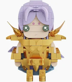 A small block-built anime-style character figure with lavender hair, green eyes, and gold armor, centered on a plain white background.