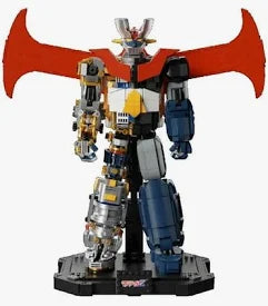 A detailed collectible robot action figure with a large red cape-like wing, metallic silver and gold armor, blue lower body, and a black display base, shown against a plain white background.