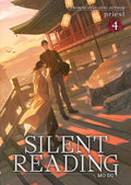 Book cover for 'Silent Reading' Volume 4 by Mo Du, featuring an illustrated scene of a man and woman standing on stone steps in front of a traditional East Asian pagoda at sunset. The title 'SILENT READING' is displayed in large white letters at the bottom, with the author name 'MO DU' underneath and the 'priest' publisher logo in the top right corner.