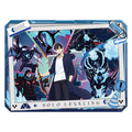 A square collectible card or art print featuring anime-style characters and monsters, with the text 'SOLO LEVELING' at the bottom. The design uses a blue and white futuristic border with icons and graphics, shown on a plain white background.