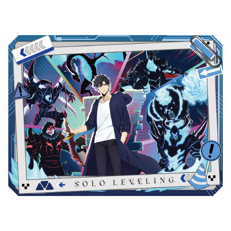 A square collectible card or art print featuring anime-style characters and monsters, with the text 'SOLO LEVELING' at the bottom. The design uses a blue and white futuristic border with icons and graphics, shown on a plain white background.