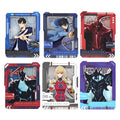 Six collectible trading card-style illustrations arranged in a 2x3 grid on a plain white background. Each card features different anime-style character artwork with blue, red, purple, gray, and black color schemes, and visible text including 'SOLO LEVELING' and 'SOLIS'.