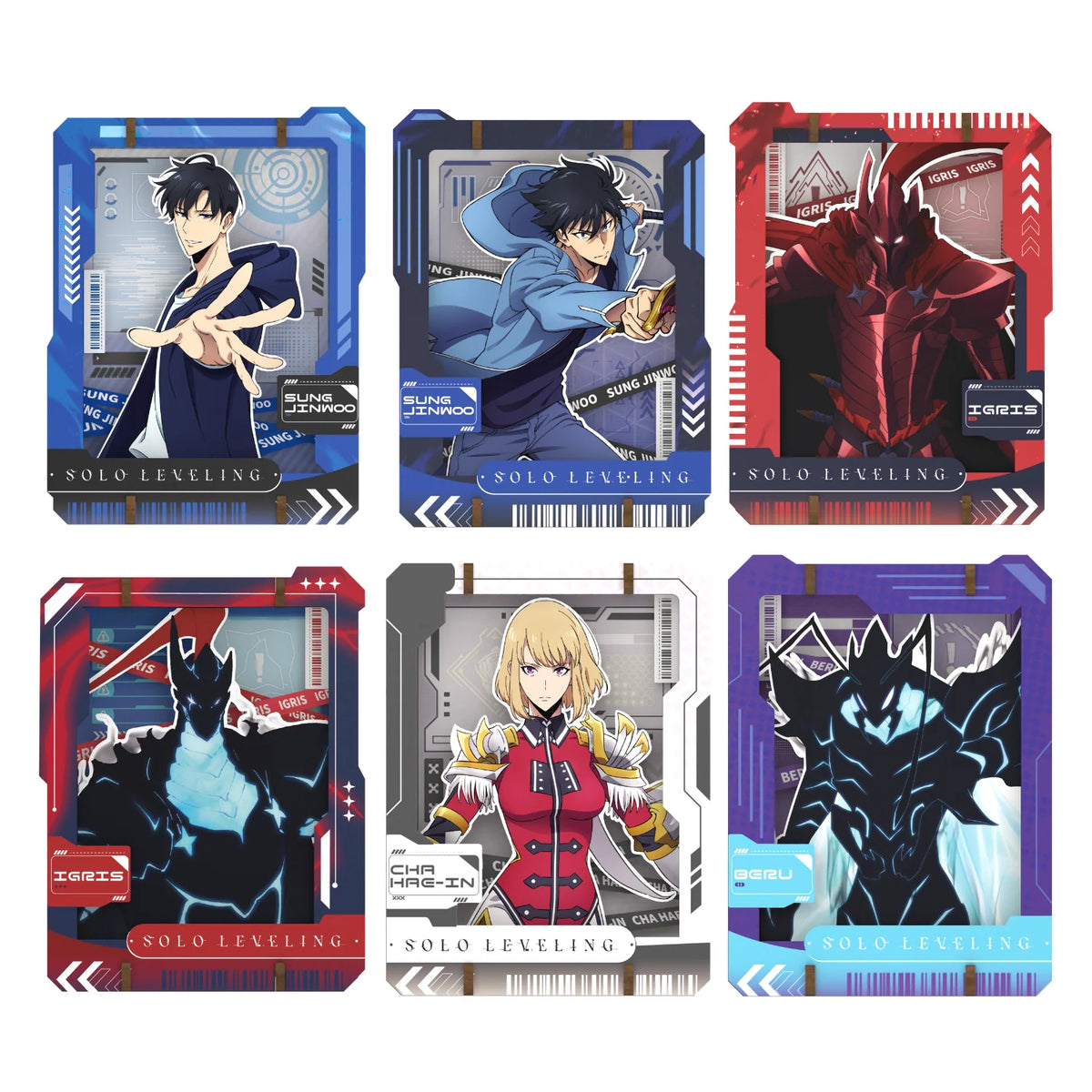 Six collectible trading card-style illustrations arranged in a 2x3 grid on a plain white background. Each card features different anime-style character artwork with blue, red, purple, gray, and black color schemes, and visible text including 'SOLO LEVELING' and 'SOLIS'.