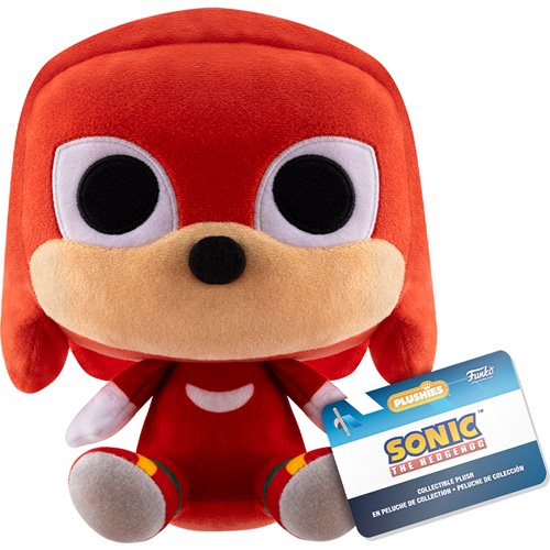 Red plush toy with a tag indicating it is from Sonic the Hedgehog series on a white background