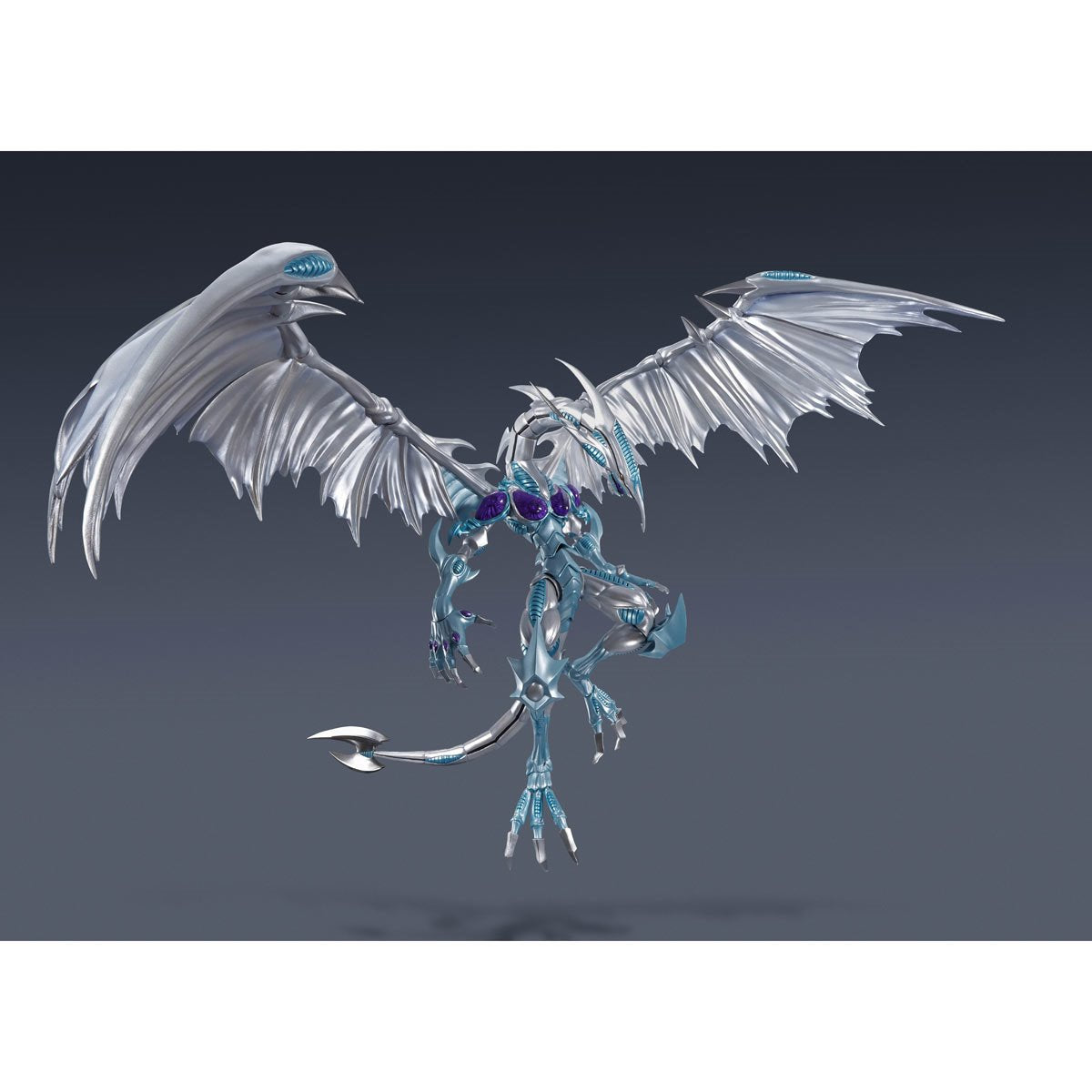 Fantasy dragon with icy blue and silver design on a dark background