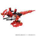 Red and black toy dragon-like creature on a white background