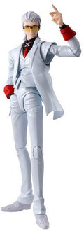 Action figure in a white suit with red accents on a white background