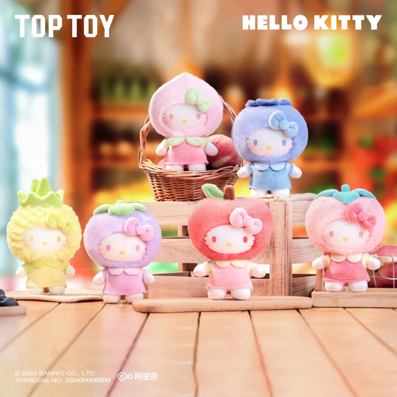 Collection of Hello Kitty-themed toys on a wooden surface with blurred background