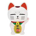 White cat-shaped figurine with red ears and a yellow tag on a white background