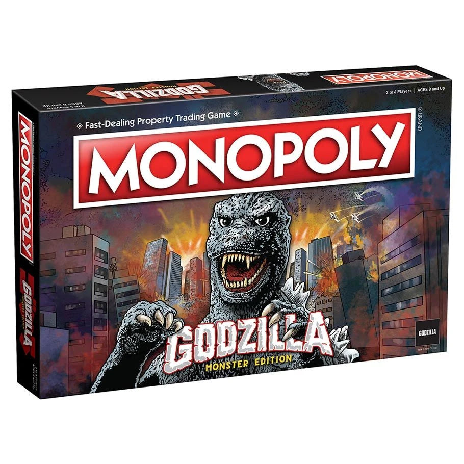 Godzilla Monopoly Monster Edition board game box on a plain white background, showing the Godzilla character and Monopoly branding.