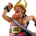 A close-up of a One Piece anime figurine showing a character with an open mouth, raised fist, and gold horned helmet against a plain white background.