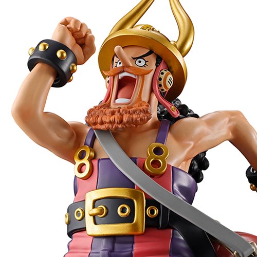 A close-up of a One Piece anime figurine showing a character with an open mouth, raised fist, and gold horned helmet against a plain white background.