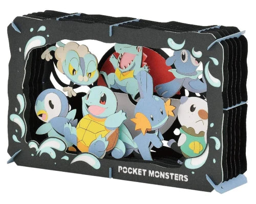 A 3D papercraft Pokémon-themed box featuring multiple colorful cartoon monsters inside a layered black frame, with the text 'POCKET MONSTERS' printed on the front.