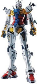 Mechanical robot model with a white, blue, and red color scheme on a white background