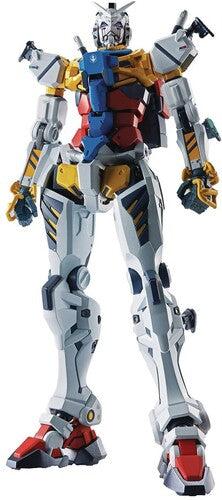 Mechanical robot model with a white, blue, and red color scheme on a white background